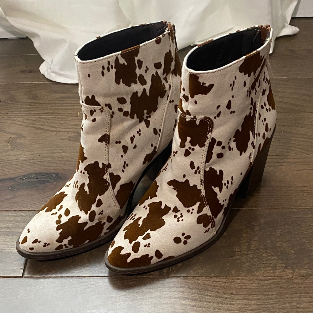 Qupid Brown and Cream Cow Print Chunky Heeled Ankle Booties